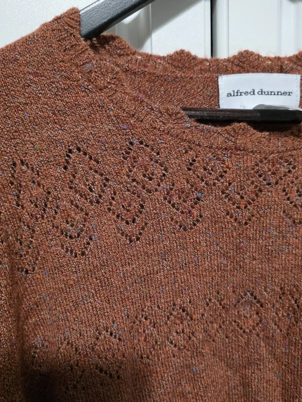 Alfred Dunner Womens Rust Brown Geometric Eyelet Knit Scallop Crewneck Sweater